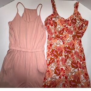 Lot of 2 Womens Wide Leg Jumpsuits Pink Solid and Orange Floral Print SZ Medium